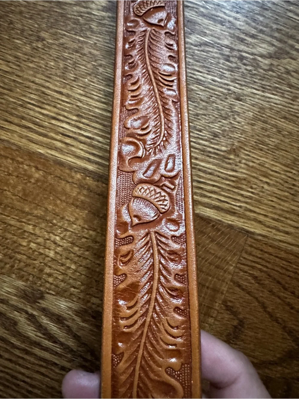 Brown Tooled Leather Western Cowboy Belt Silver Tone Buckle 32”